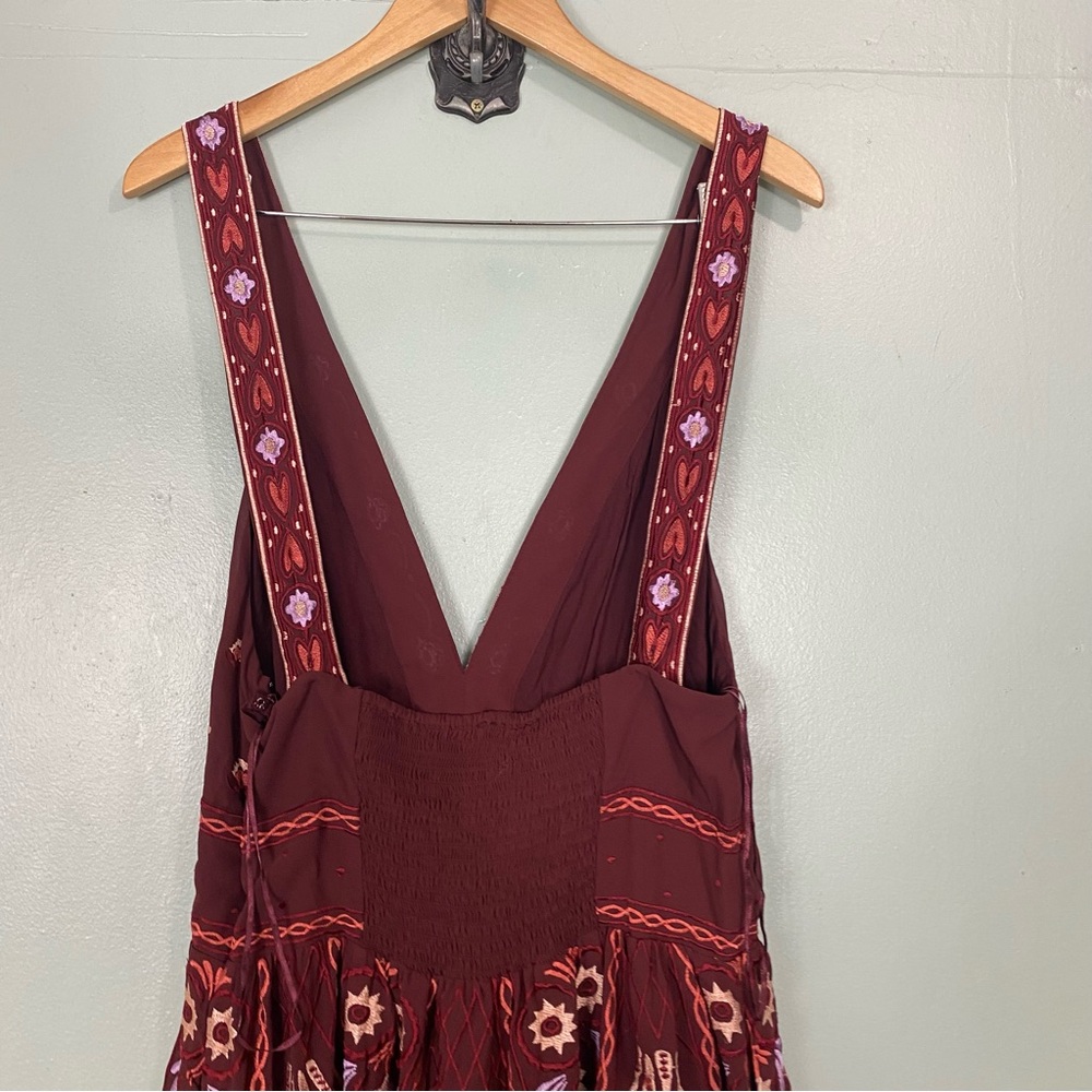 Anthropologie V Neck Deco Midi Dress‎ Embroidered Floral Wine Red Large - Picture 8 of 11